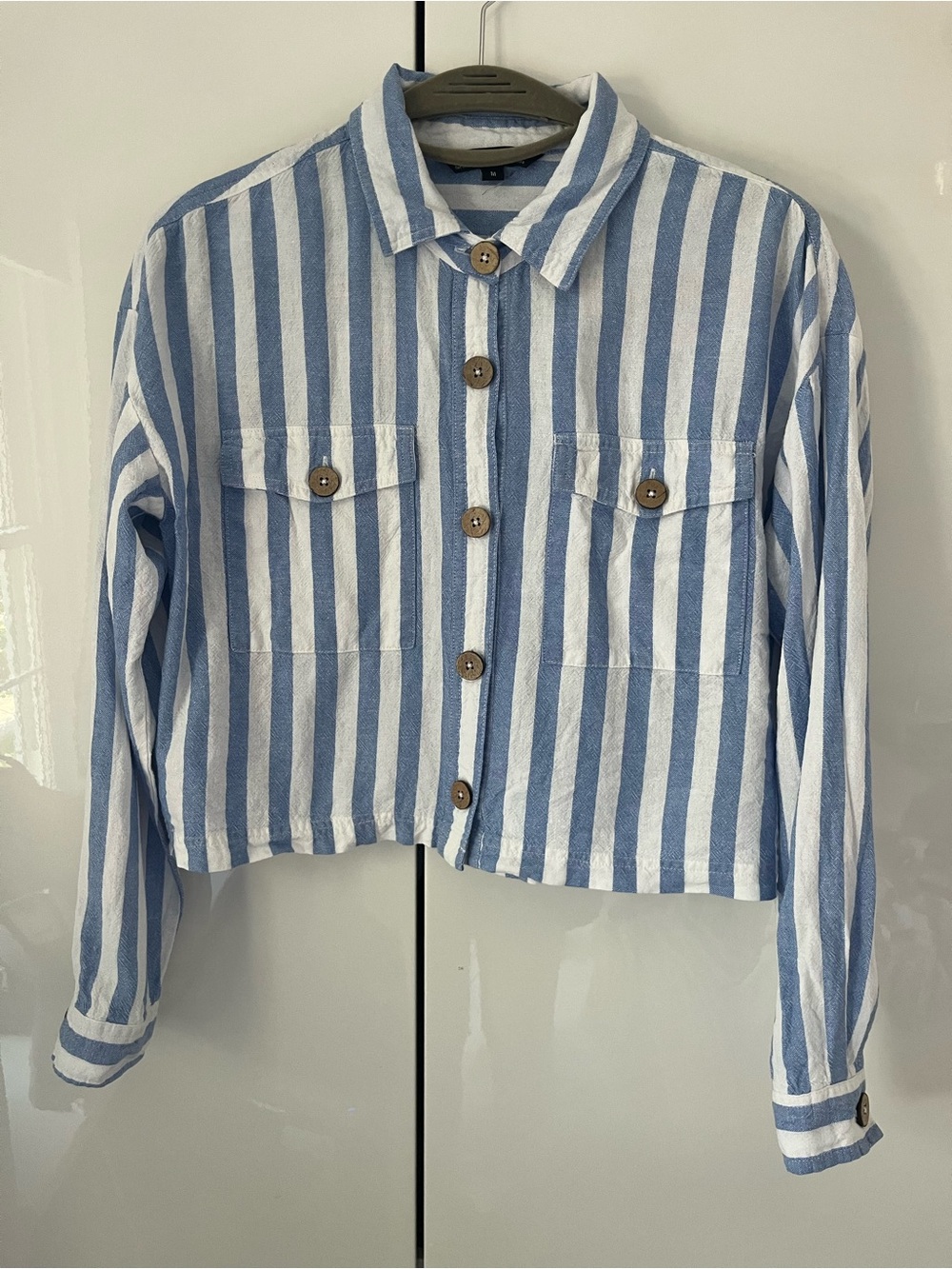 Striped Linen Blend Top in Light Blue and White